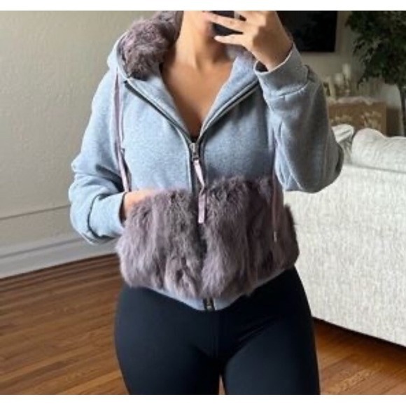 Y2K Gray Women Hoodie with Mauve 100% Rabbit‎  Fur Trim Sz Small , Fairy Grunge - Picture 1 of 7
